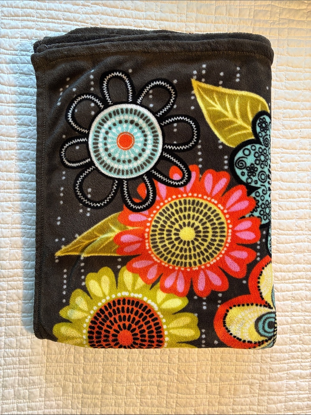 Vera Bradley Brown Floral Throw Blanket with Pink, Yellow & Aqua Accents